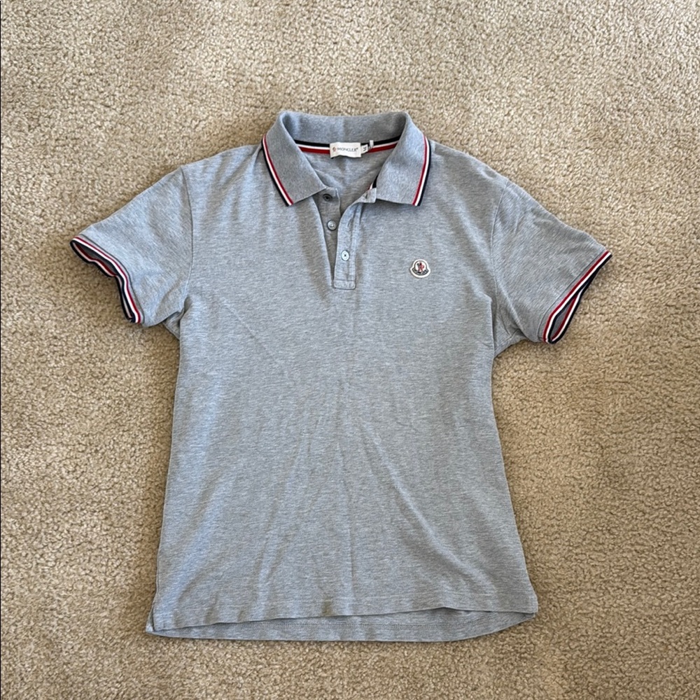 Moncler Gray Polo with Red and Blue Trim